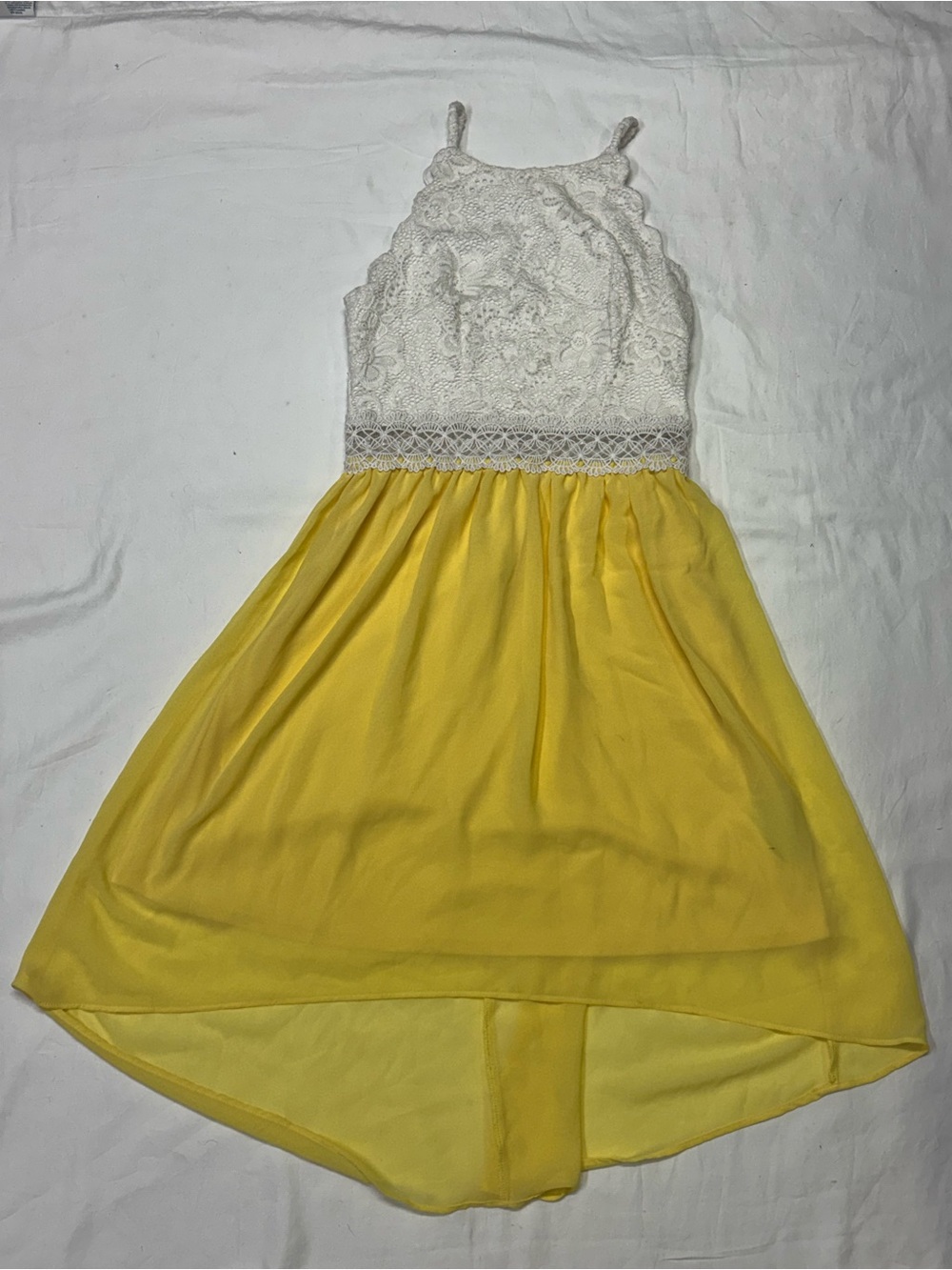 by & by White Lace Bodice Yellow High-Low Chiffon Dress